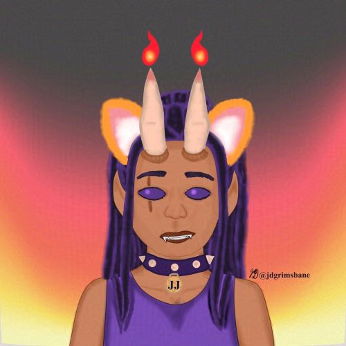 A digital portrait of a black woman with dreadlocks, pointy ears, tiger ears, horns, and blacked out eyes.