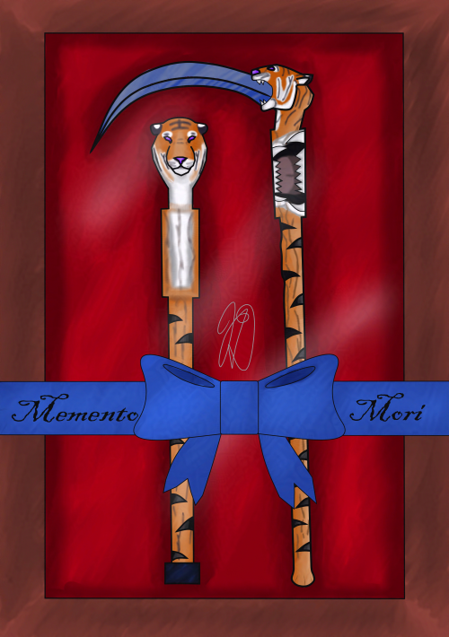 A twin set of scythe canes, being gifted to a newly appointed Grim Reaper, JD.

					One as a cane, the other the scythe, designed as their favorite animal, the tiger. They’re set in a display box wrapped in a blue ribbon for child abuse prevention/awareness, their cause of death. Written on the ribbon are the words “Memento Mori” or “remember to die”.

					Previously included in the art exhibition, Vita et Mors