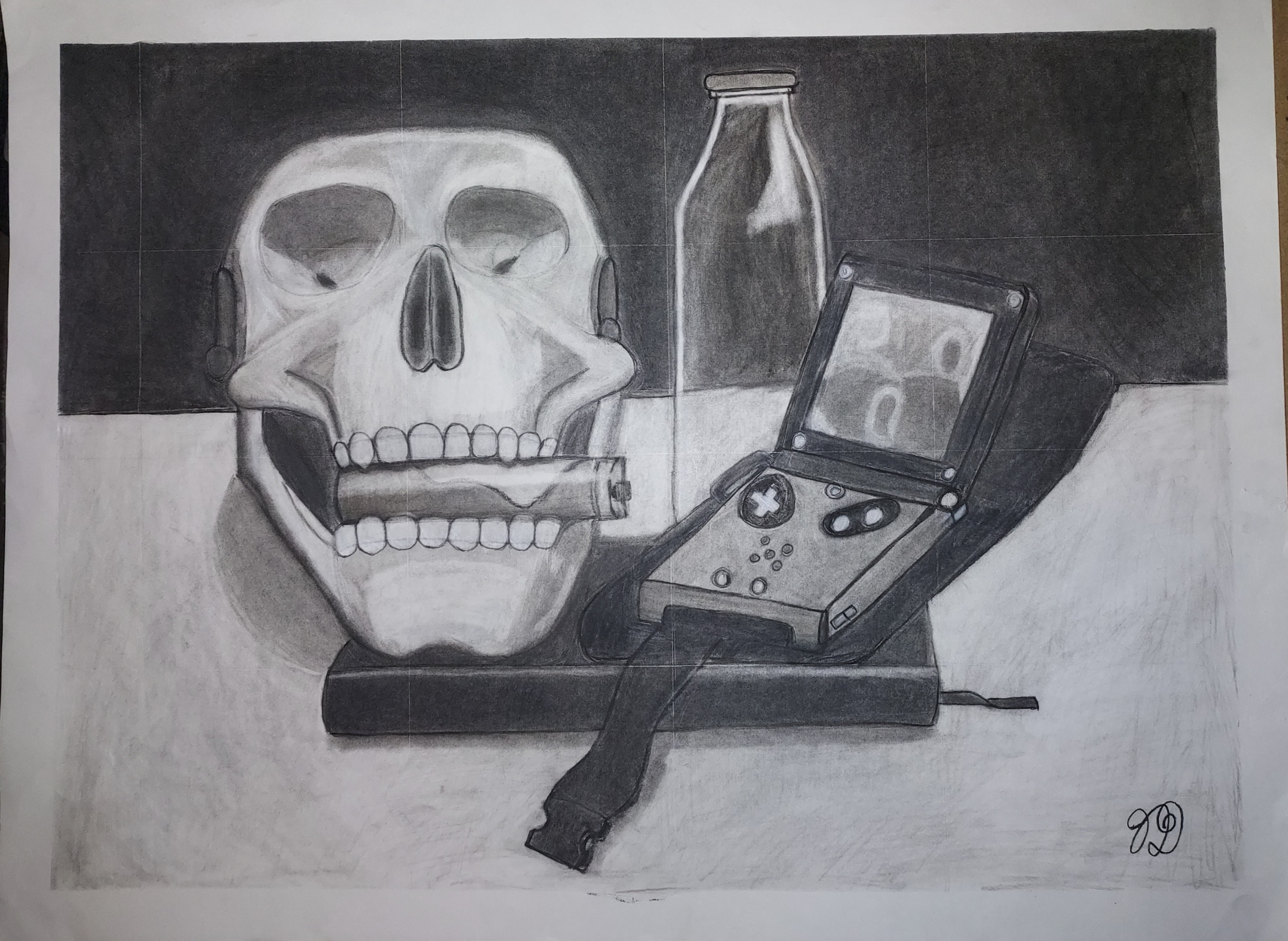 A vanitas still life. 
                        Included is a skull with earbuds in the ears 
                        and a lighter between the teeth, an empty glass bottle, 
                        a Gameboy Advance SP, all sitting on top of a book.